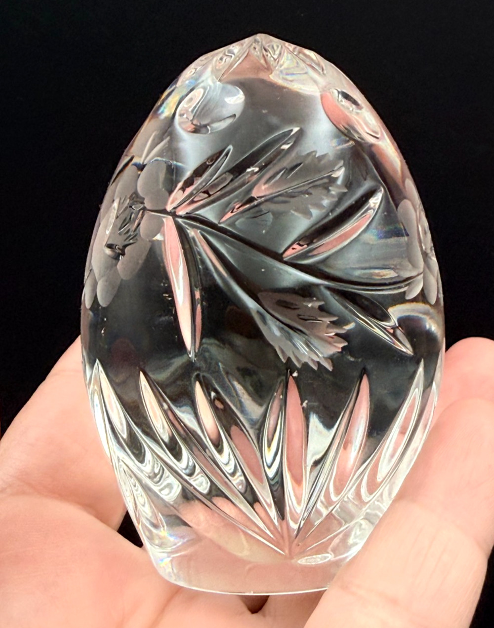Vintage Hand Cut Lead Crystal Egg Paperweight Clear Frosted Floral Vine European